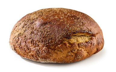 Homemade fresh baked sweet and sour rye bread loaf with caraway seeds isolated on white background