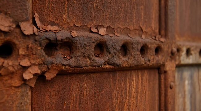 Detailed close-up of severely corroded metal surface with peeling layers, revealing textured industrial rust and weathered decay from prolonged elemental exposure