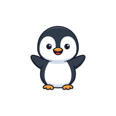 Obraz premium Cute Baby Penguin Character Waving and Smiling, Adorable Little Penguin Mascot with Open Wings, Lovely Antarctic Animal Vector Illustration Isolated on White Background