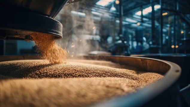 Industrial process of pouring grain into a large vat for processing.