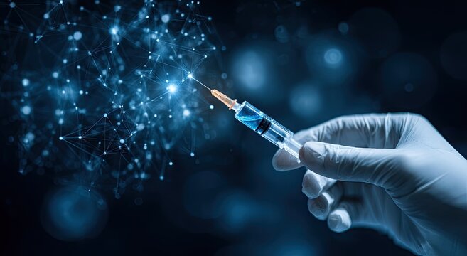 Gloved Hand Holds Syringe with Blue Liquid Against Digital Network Background.