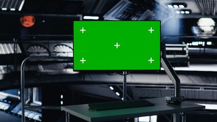 Fototapeta premium Mockup monitor assisting orbit station astronauts in evaluating planets habitability factors. Green screen display in spaceship used for verifying navigation coordinates during space journey