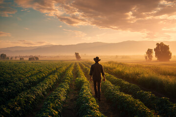Fototapeta premium Farmer walking through green crop rows at sunset, warm golden light over agricultural fields, peaceful rural landscape with mountains on horizon, farming, harvest and sustainable agriculture concept
