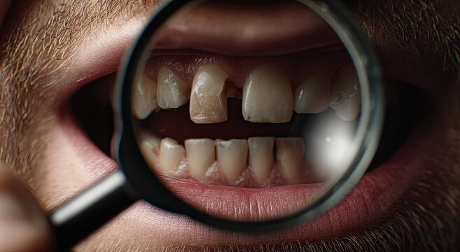 Close-up of a mans mouth with missing teeth examined under a magnifying glass.