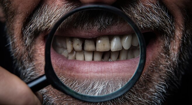 Close-up of a mans unhealthy teeth examined under a magnifying glass.