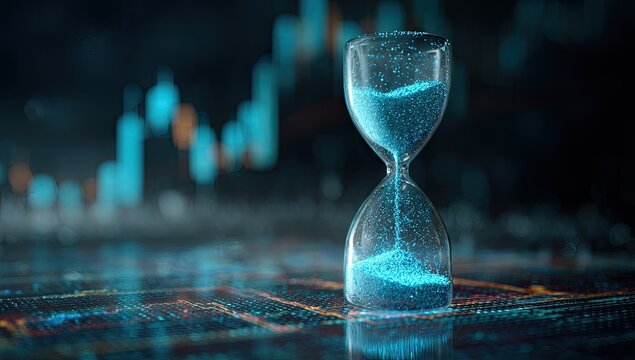 Hourglass with Blue Sand on a Dark Background with Financial Chart Overlay.