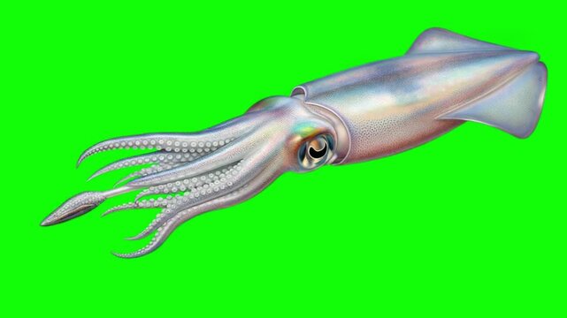 Majestic Iridescent Squid Swimming with Tentacles Moving on Green Screen Background for VFX Design