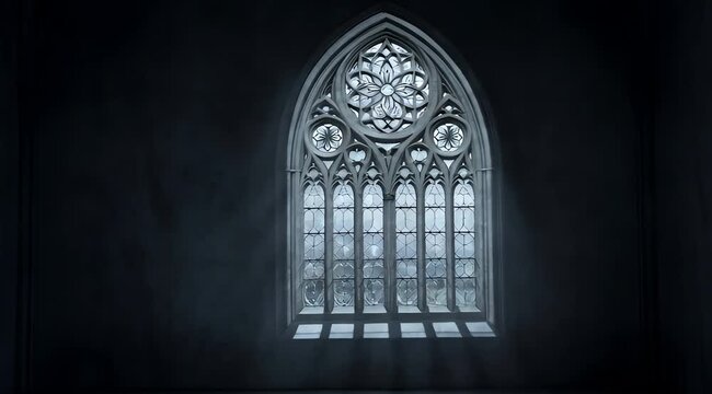 Ancient Gothic Window Bathed in Ethereal Light, Revealing Intricate Architectural Details within a Somber, Mysterious Interior