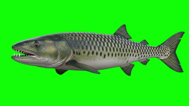 Fierce Goliath Tigerfish Swimming in Profile View on Green Screen Background for VFX and Compositing