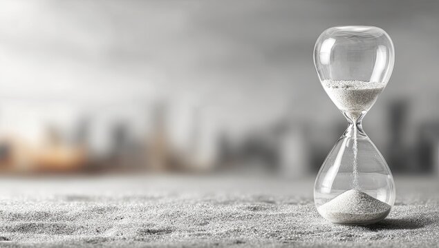 Hourglass on a textured surface with a blurred cityscape background symbolizing time passing.