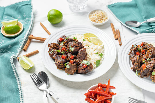 Spicy Thai food. Beef rendang with coconut rice