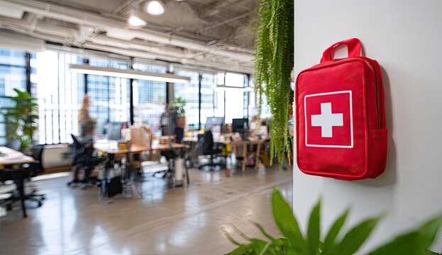 Red First Aid Kit Mounted on Wall in Modern Office Environment.
