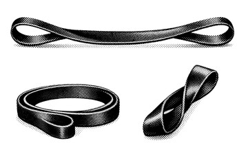 Resistance band presented in stretched position, relaxed loop form, and partially twisted perspective within one composition, showing elastic thickness and