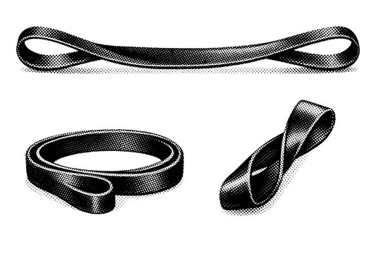 Resistance band presented in stretched position, relaxed loop form, and partially twisted perspective within one composition, showing elastic thickness and