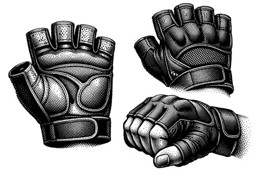 Gym gloves illustrated palm side, back side, and slightly curved gripping position in one composition, emphasizing stitching, padding zones, and realistic
