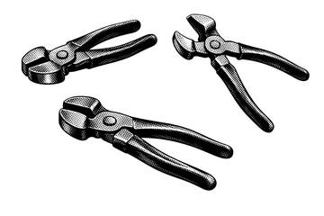 Obraz premium Shoemaker lasting pliers displayed in three angles including closed resting position, open working position, and angled perspective, showing the broad gripping
