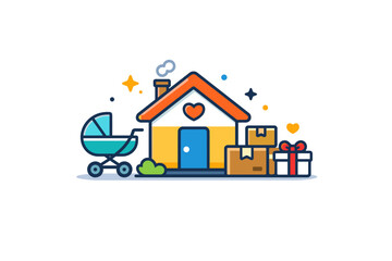 Fototapeta premium Milestones of family life compact house icon surrounded by baby stroller, moving boxes and anniversary gift, symbolizing the evolving stages of a couple?s