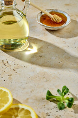 Food ingredients on light sunny kitchen table with copy space