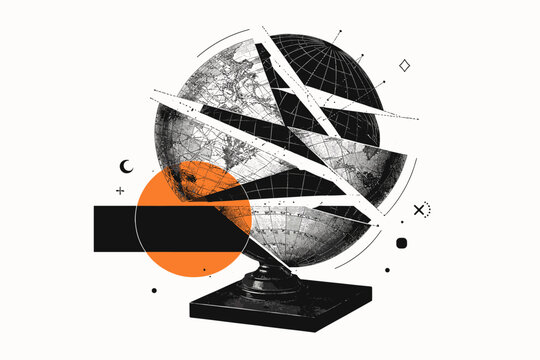 Black and white vintage globe partially deconstructed into geometric fragments, bold orange circle intersecting with solid black block, thin diagonal lines