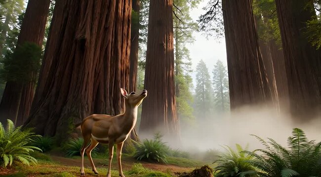 Graceful deer looks up in a mystical redwood forest, surrounded by colossal trees and a hazy fog, evoking a sense of calm and natural beauty