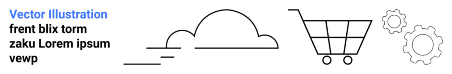 Cloud technology, online shopping, automation, digital services, minimal aesthetics, and technology integration. Minimalist line drawings of a cloud, shopping cart and gears. Cloud computing