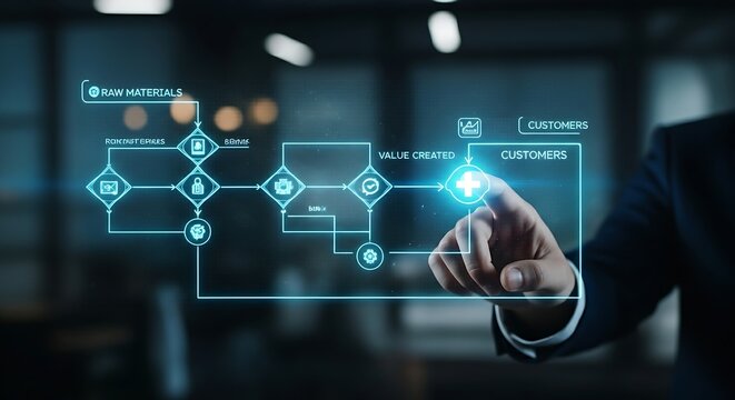 Value chain analysis concept. An analyst's hand highlights a specific stage in a holographic business flowchart, adding a "VALUE CREATED" icon.