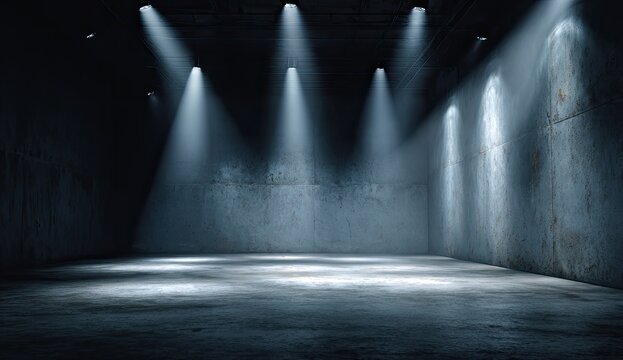 Empty Stage with Dramatic Spotlights and Fog Effects.