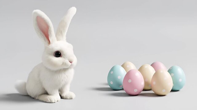White rabbit with pastel Easter eggs on light background