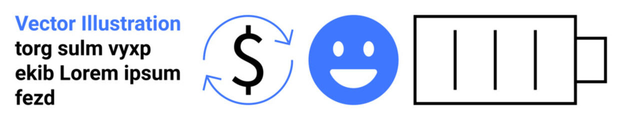 Fototapeta premium Finance, customer service, energy conservation, currency flow, renewable resources, digital services. Dollar sign with arrows, happy face battery outline. Finance and customer service