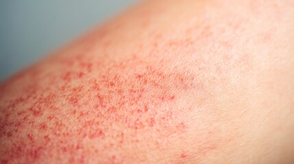 Fototapeta premium Red rash appears on human skin in close-up view during daytime in neutral setting