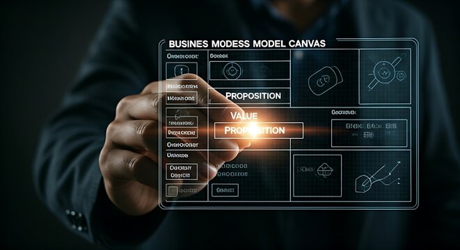 Business Model Canvas concept. An entrepreneur's hand fills in the blocks of a holographic canvas, focusing on the glowing "Value Proposition" section.