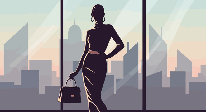 This elegant flat design showcases a female silhouette in a chic OOTD, posing gracefully by a window with a city view. It captures the essence of sophisticated urban fashion and refined style.