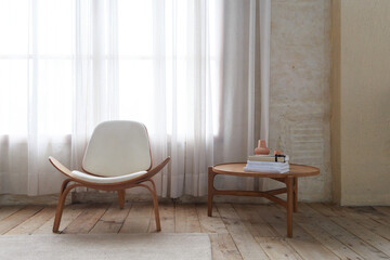 Fototapeta premium Minimalist living room with wooden designer chair and coffee table by a bright window
