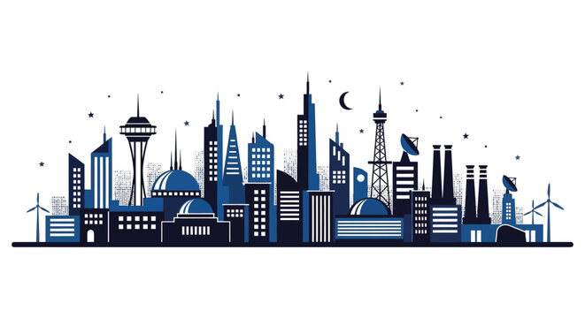 Stylized cityscape silhouette featuring prominent landmarks and a crescent moon