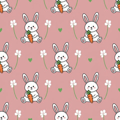 Adorable cartoon bunnies holding carrots in a charming floral pattern