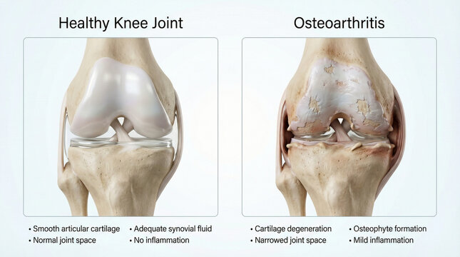 Healthy Knee Joint vs Osteoarthritis Anatomy Comparison 3D Illustration