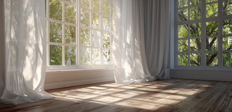 Sunlight streaming through sheer curtains into a room with wooden floor.