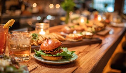 Fototapeta premium Delicious Mini Burgers and Appetizers on a Wooden Bar Top.