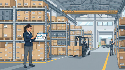 Naklejka premium Modern Warehouse Operations with Workers Managing Inventory and Logistics Using Digital Technology