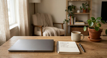 Desk Setup with Laptop, Notebook, and Coffee