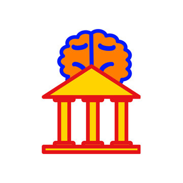 Think Tank Vector Icon. Brain on a classical building, symbolizing a knowledge institution, university, financial intelligence, or legal academy.