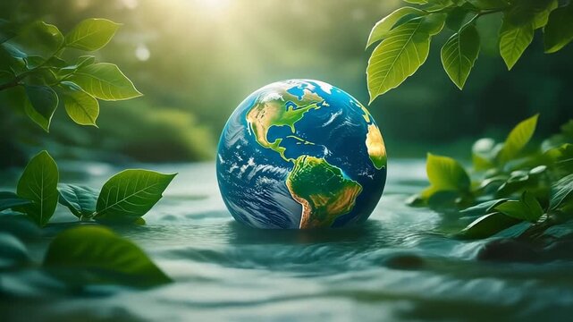 Earth globe surrounded by green leaves in a natural setting