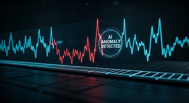 AI anomaly detection concept. On a holographic data stream, an anomalous spike appears and is instantly circled by an AI with an "ANOMALY DETECTED" alert.