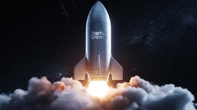 Silver Rocket Launching in Dramatic Space Scene with Bright Lighting on Dark Background for Business Promotion