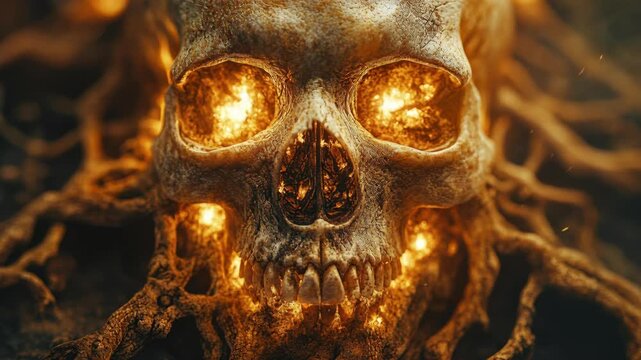 Mystical Skull and Roots: A close-up view of a skull enshrouded by mystic glowing roots, its eye sockets filled with an ethereal light and revealing the mystical side of nature. 