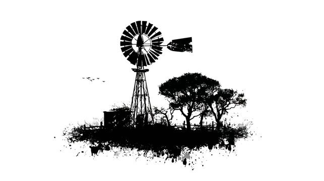 A silhouette illustration of a windmill with trees and vegetation against a white background