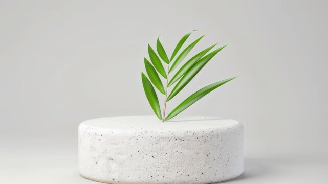 Minimalist Botanical Elegance: A delicate, vibrant green plant gracefully sprouts from a textured, round pedestal, evoking a sense of tranquility and the beauty of nature.