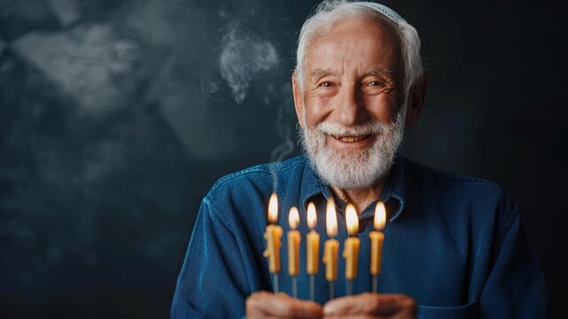 Elderly Serenity: A distinguished elder, with a full, snowy beard and radiant smile, holds a menorah with candles aglow, embodying the spirit of warmth and spiritual reflection. 