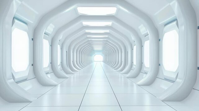 Futuristic Corridor: A pristine, illuminated corridor stretching into the distance, with smooth, white walls and a futuristic, architectural design.