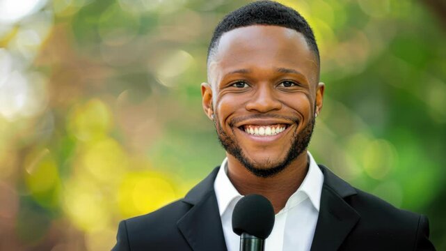 Confident Speaker: A distinguished individual, exuding confidence and charisma, addresses an unseen audience with a microphone, framed by a soft, natural backdrop.